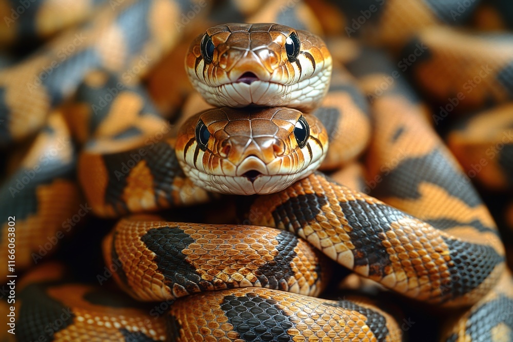 Poster two snakes wrapped around each other in a close-up view