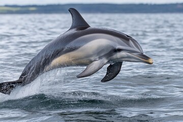 Obraz premium A dolphin leaping out of the ocean with a splash, perfect for use in aquatic-themed designs or as a symbol of freedom and joy