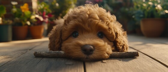 Adorable brown puppy resting on wooden deck, outdoors.