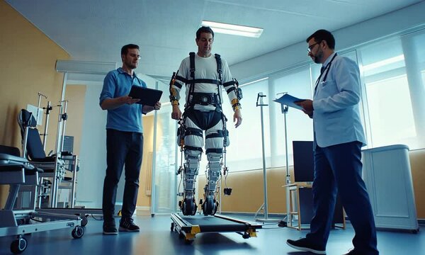 A person using a robotic exoskeleton for rehabilitation in a clinical setting.