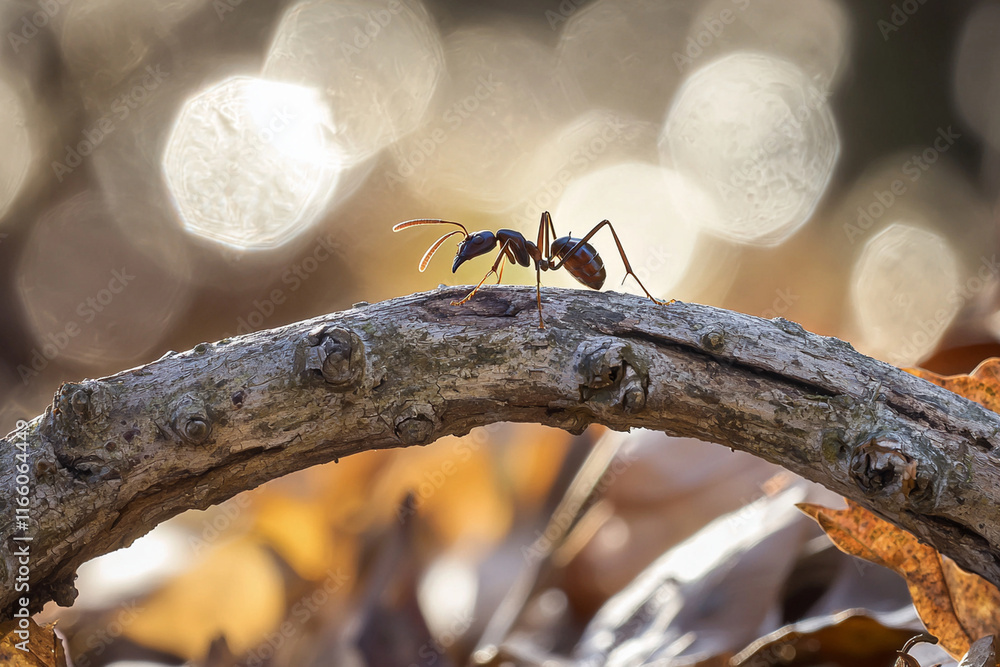 Poster ant traverses a curved branch surrounded by bokeh