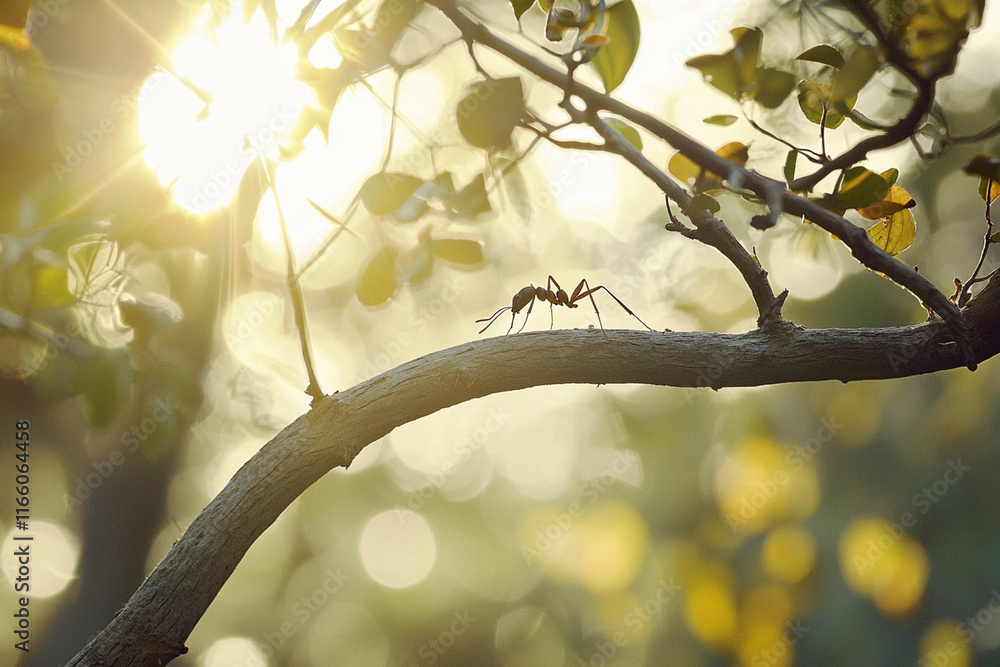Poster ant exploring a curved branch in soft sunlight