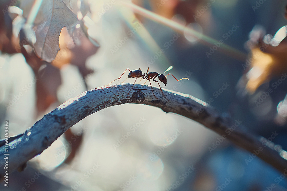 Poster ant exploring a curved branch in soft light