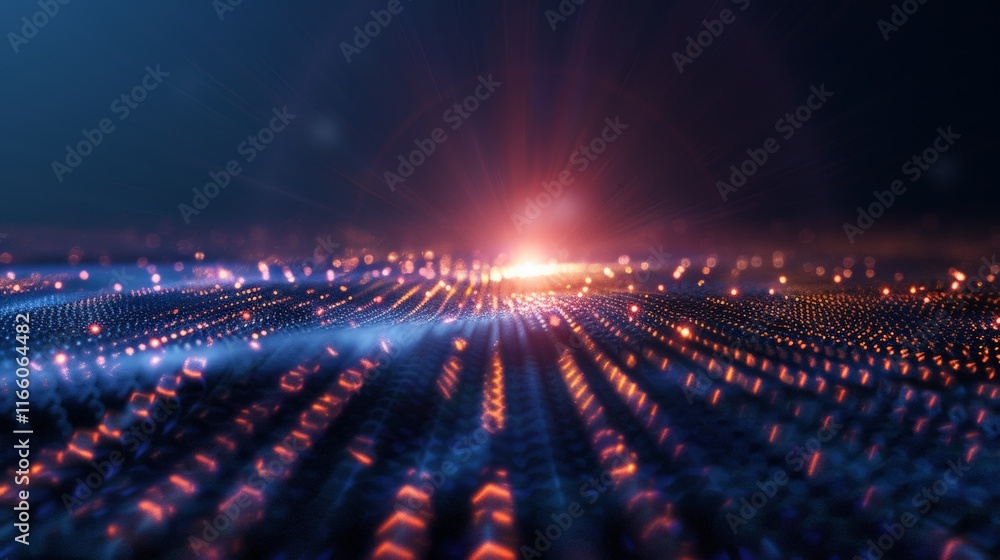 Poster Wavy abstract particles flowing towards a light source creating a beautiful digital art background