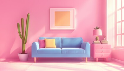 Stylish Living Room Interior Featuring Pink Walls, Blue Sofa, Coffee Table With Books, And Pink Dresser With Cactus. Rendering Included.