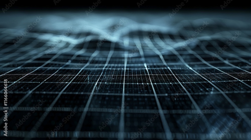 Poster complex digital data streams flowing over grid creating futuristic landscape, ideal for technology a