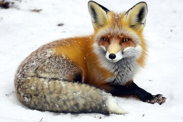 Fototapeta premium A red fox sitting in the snow, looking alert and curious