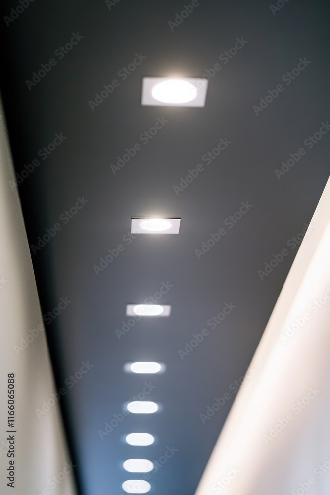 Poster a long corridor with rows of lighting on the ceiling, perfect for architectural or interior design p