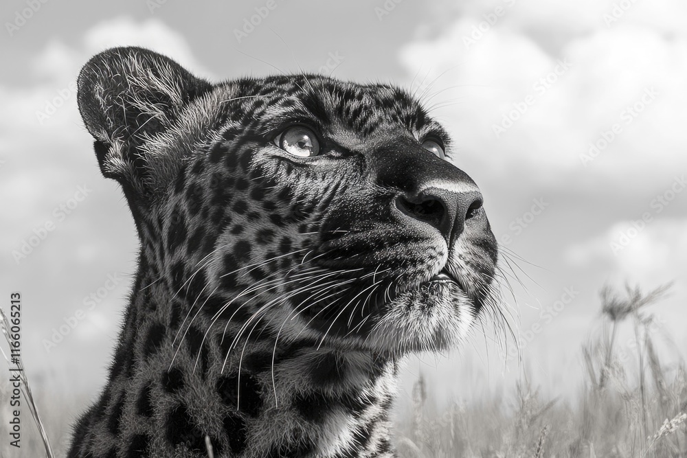 Poster a close-up shot of a leopard's face in black and white, ideal for use in wildlife or conservation co