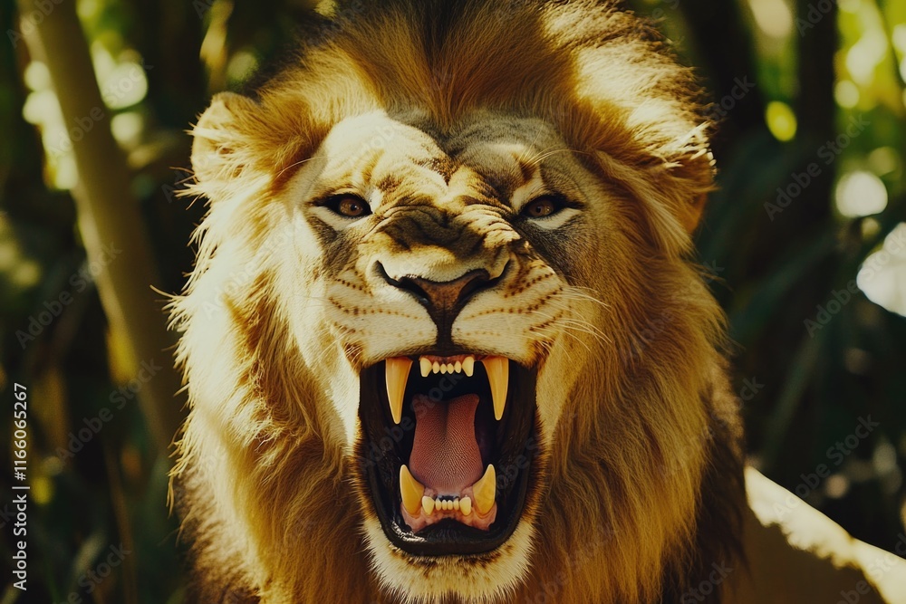 Poster close-up view of a lion's face showing its open mouth