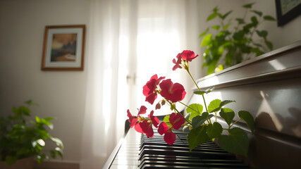 A picture in living room  and sunlight shining through and a piano keyboard with some green leaves and red-rose geranium flowers on it, few green plants, Relaxing and Peaceful Morning in a harmonious 