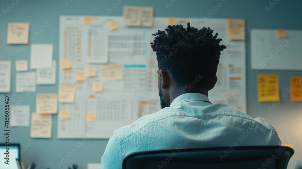 Poster focused entrepreneur in modern office with task lists and notes