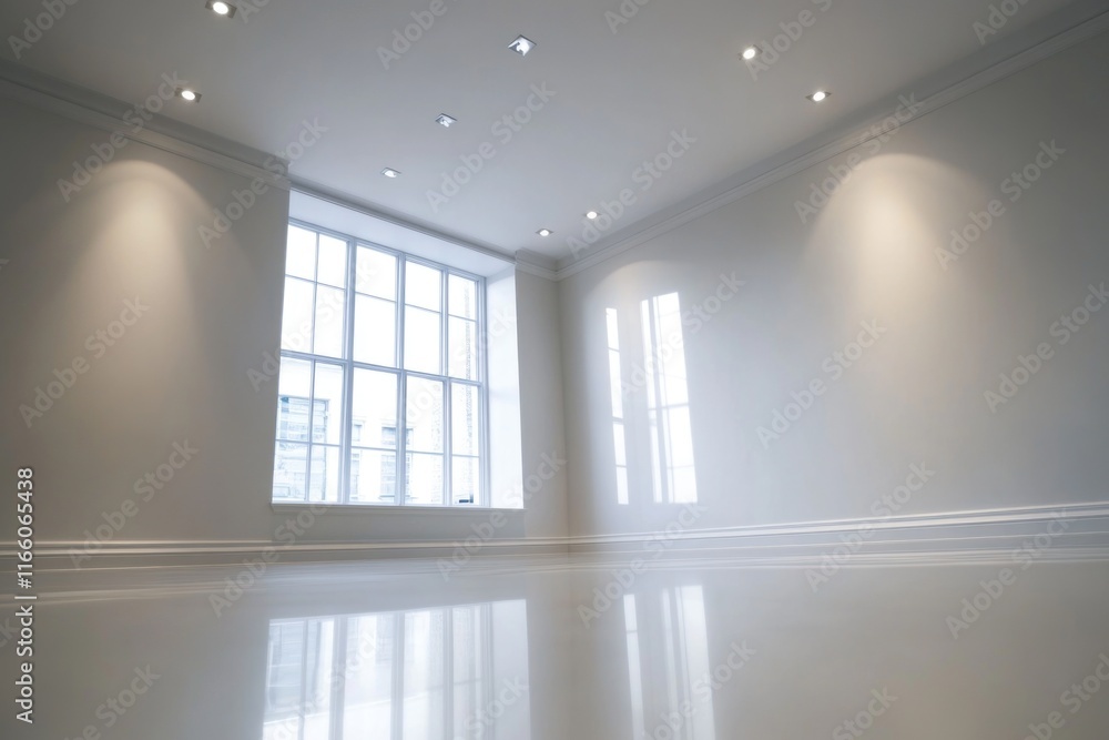 Poster a minimalist interior design concept featuring a spacious room with a large window and a white floor