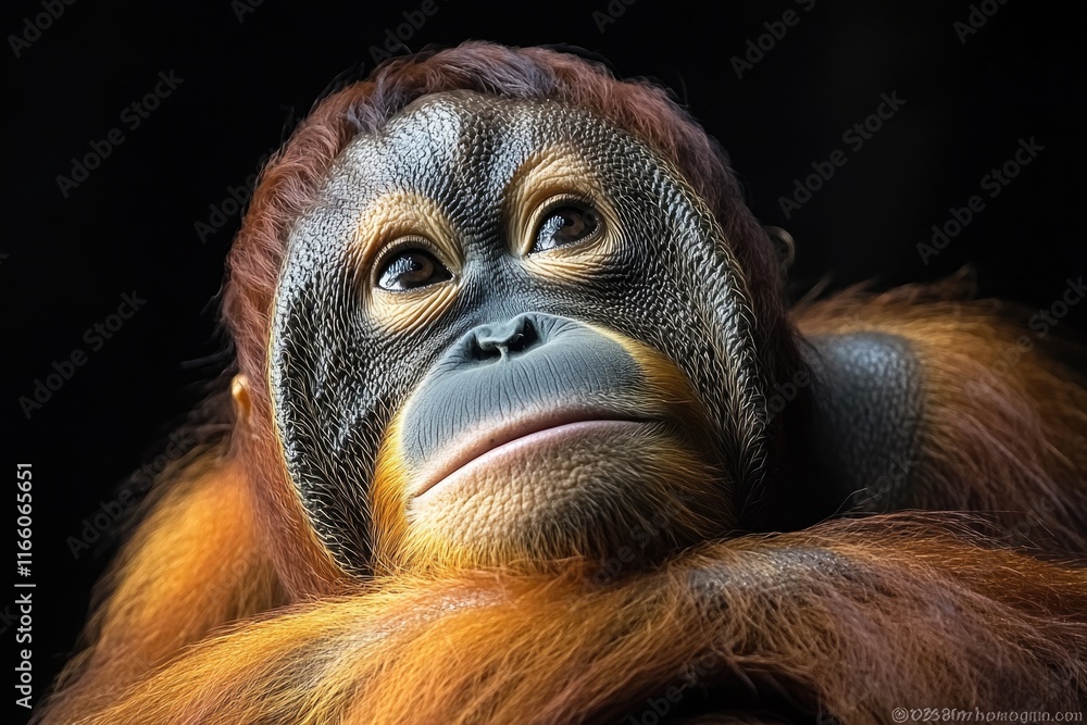 Poster a close-up view of an orangutan's face against a dark background, suitable for use in wildlife or co