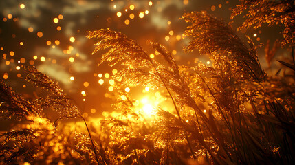 Naklejka premium Golden hour sunlight illuminating tall grass, creating a warm, magical ambiance. Perfect for autumnal, nature, or serenity themes.