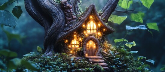 Obraz premium Enchanting tree house nestled in lush forest at night, illuminated with warm lights.