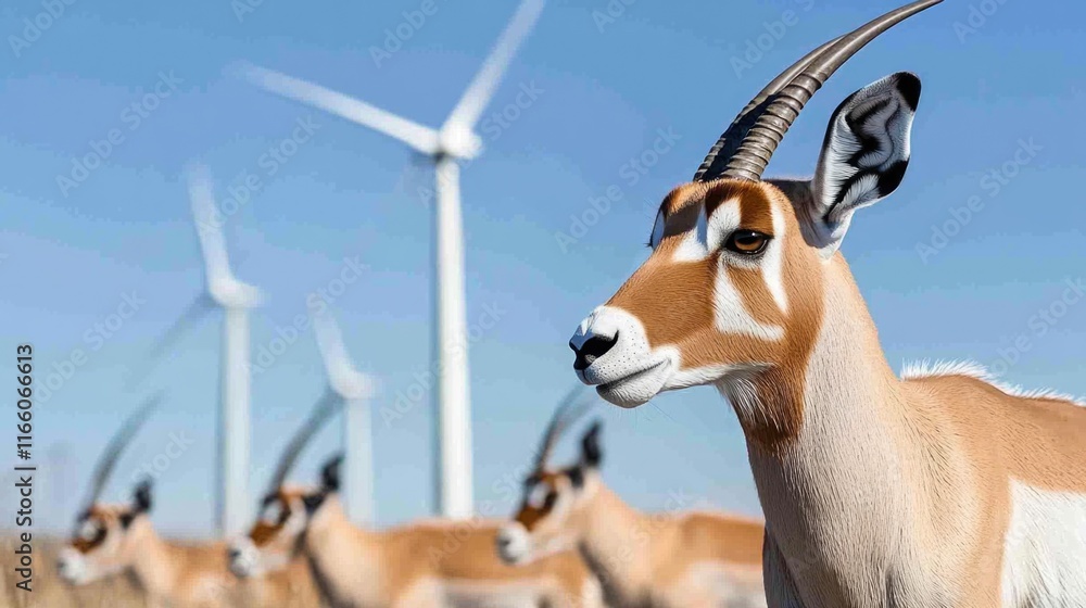 Poster antelope grazing in a field with wind turbines in the background, suitable for use in nature or envi