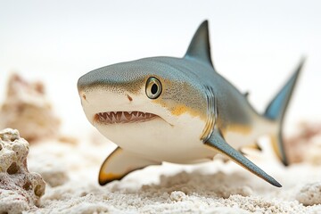 A close-up shot of a small toy shark buried in the sand