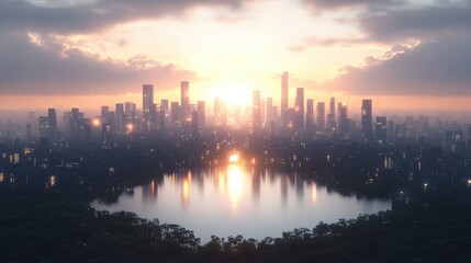 Fototapeta premium Majestic City Skyline at Dusk with a Tranquil Lake in the Foreground Reflecting Vibrant Colors Creating a Serene Urban Landscape Atmosphere