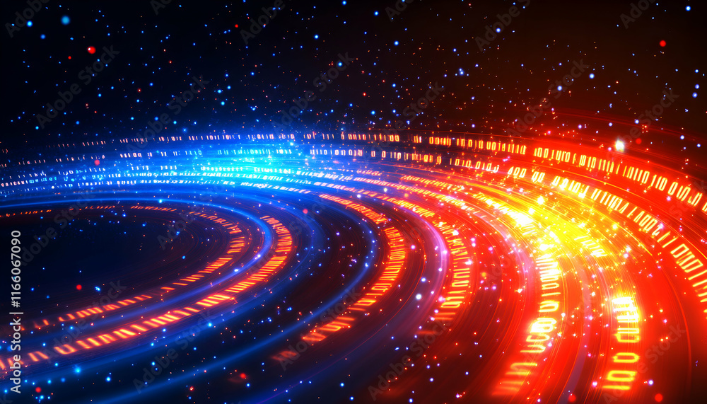 Poster abstract swirling digital data streams, binary code, glowing red and blue light trails on dark backg