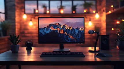 Modern workspace with computer, keyboard, mouse, microphone, and plants in a cozy, dimly lit room.