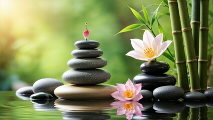 Black zen stones, a delicate orchid, and bamboo leaves create a serene spa still life, inviting relaxation and balance