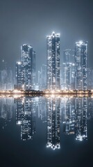Fototapeta premium Futuristic City Skyline with Reflective Surfaces and Lights
