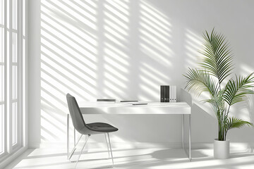 Fototapeta premium Minimalist home office workspace with modern desk, chair, and plant, bathed in sunlight streaming through window blinds.