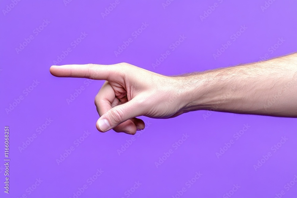 Poster a person's hand points to something on a purple background, useful for emphasizing or highlighting i