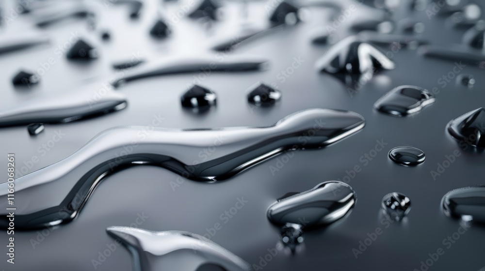 Poster shiny mercury drops creating abstract shapes on a flat surface, reflecting light and resembling a fu