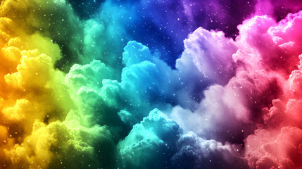 Obraz premium Vibrant rainbow cloudscape, cosmic nebula, starry night sky, ethereal fantasy background. Ideal for dreamlike designs.