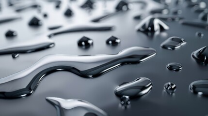 Shiny mercury drops creating abstract shapes on a flat surface, reflecting light and resembling a futuristic, metallic landscape