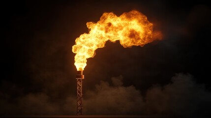 Gas Flare Stack Emitting Fire at Night