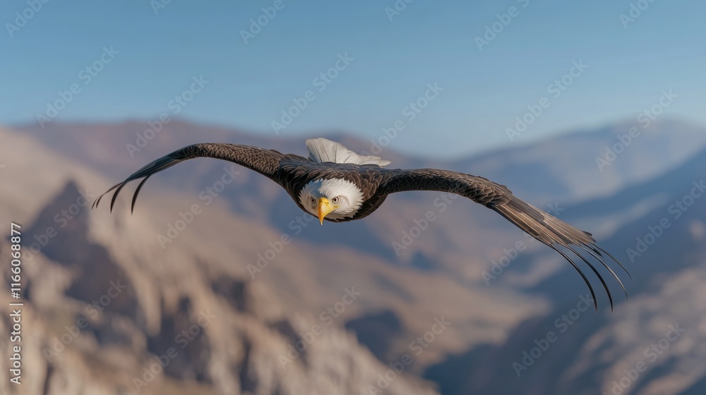 Poster a large bird soars through the sky above a mountain range, with peaks and valleys visible in the dis
