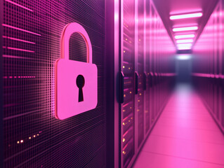 Cybersecurity concept: a padlock icon overlaid on a server room background