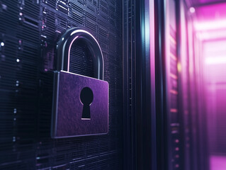 Cybersecurity concept: a padlock icon overlaid on a server room background