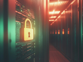 Cybersecurity concept: a padlock icon overlaid on a server room background