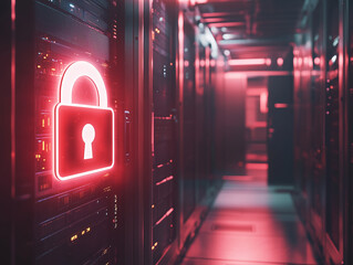 Cybersecurity concept: a padlock icon overlaid on a server room background