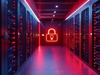 Cybersecurity concept: a padlock icon overlaid on a server room background