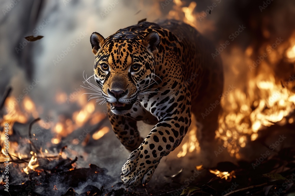Poster a leopard walks through a forest with flames burning in the background