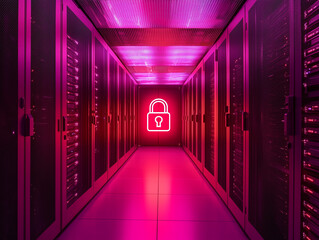 Cybersecurity concept: a padlock icon overlaid on a server room background