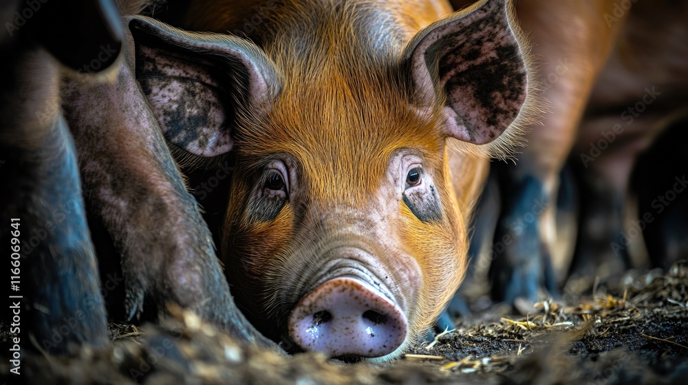 Poster a close-up view of a pig resting on a pile of hay