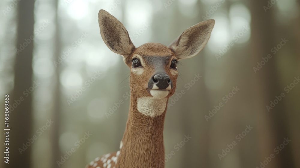 Poster a close-up shot of a deer standing in a forest, with foliage and trees surrounding it