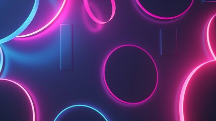 Pink and blue neon lights forming circles and rectangles illuminate a dark wall, creating a modern and stylish abstract composition