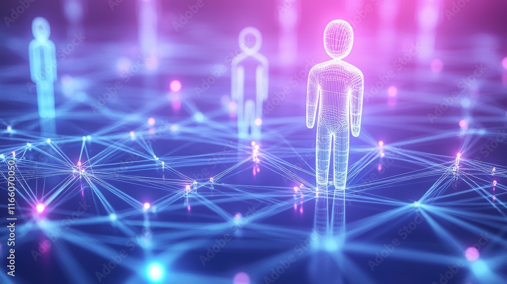 Poster global network: interconnected digital figures in a vibrant, futuristic network, symbolizing global 