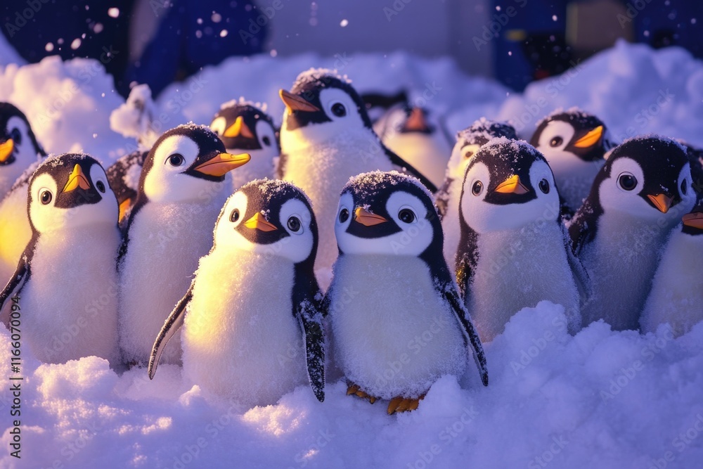 Poster group of penguins standing in snowy environment