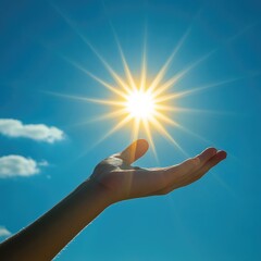 Hand Reaching Up Towards The Bright Sunny Sky