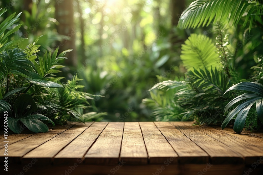 Poster a wooden table surrounded by trees and foliage in a dense forest