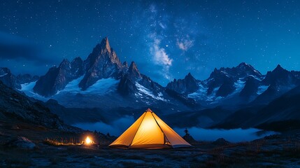 Illuminated tent in mountainous landscape under a starry night sky.