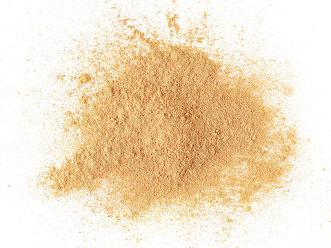 Red maca organic powder scattered isolated on white, top view 